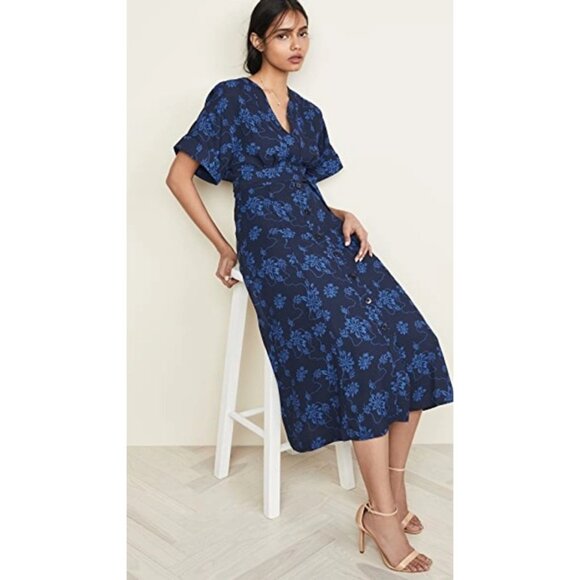 Equipment Femme Blue Floral Midi Button Front Tie Waist Nauman Wrap Dress 6